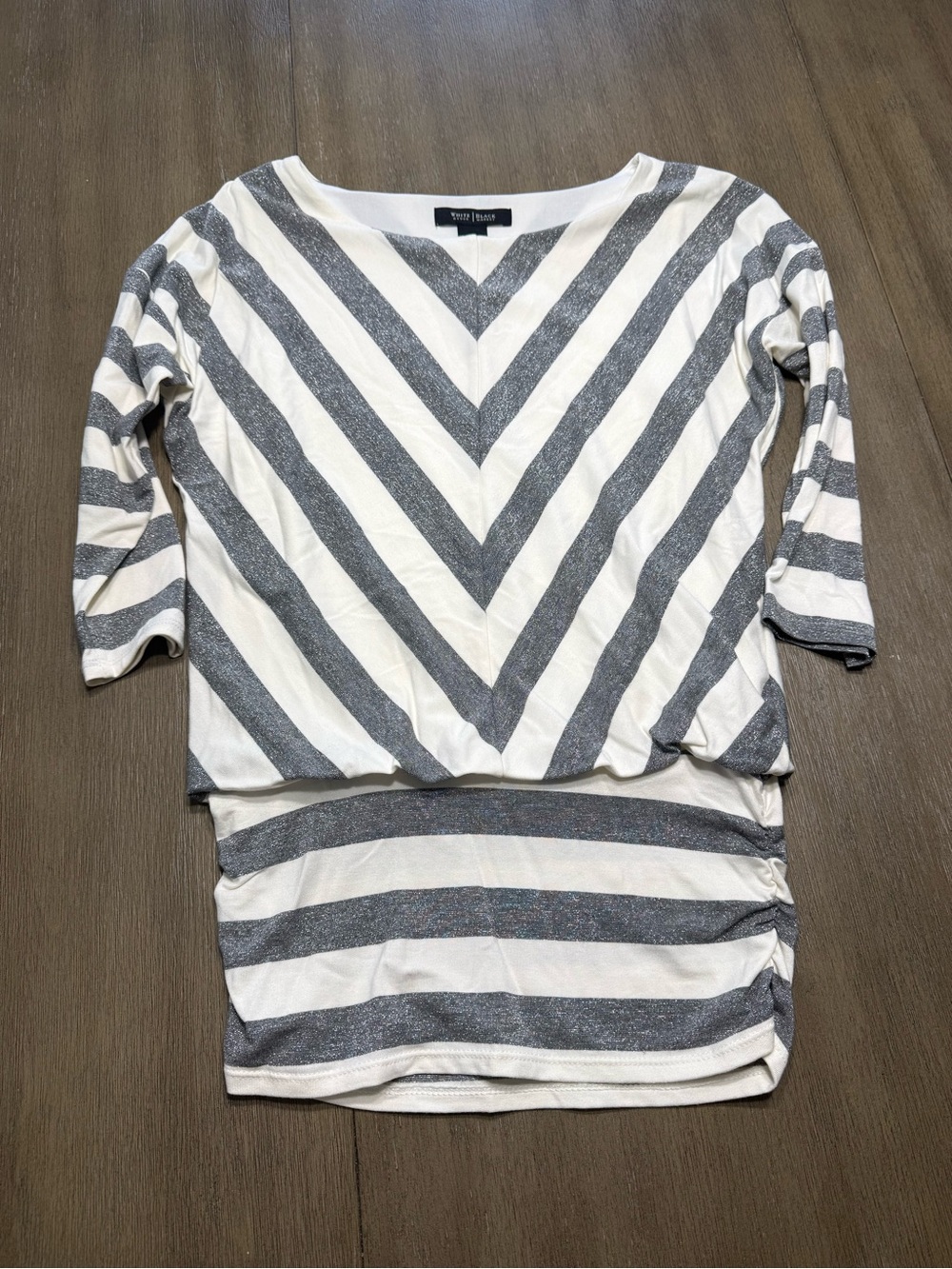 White House Black Market White and Gray Striped Half Sleeve